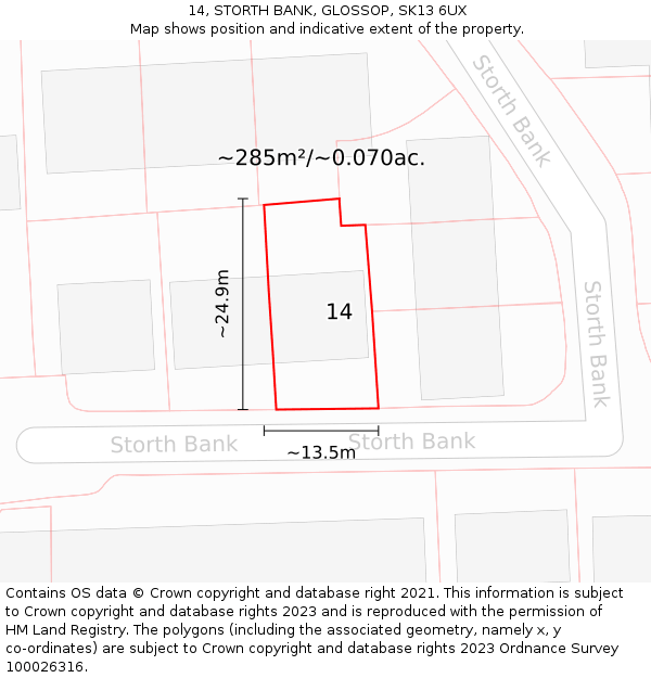 14, STORTH BANK, GLOSSOP, SK13 6UX: Plot and title map