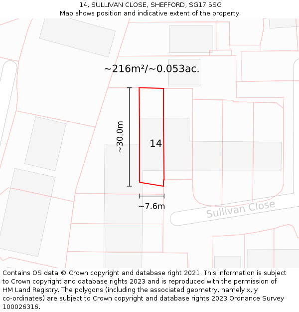 14, SULLIVAN CLOSE, SHEFFORD, SG17 5SG: Plot and title map