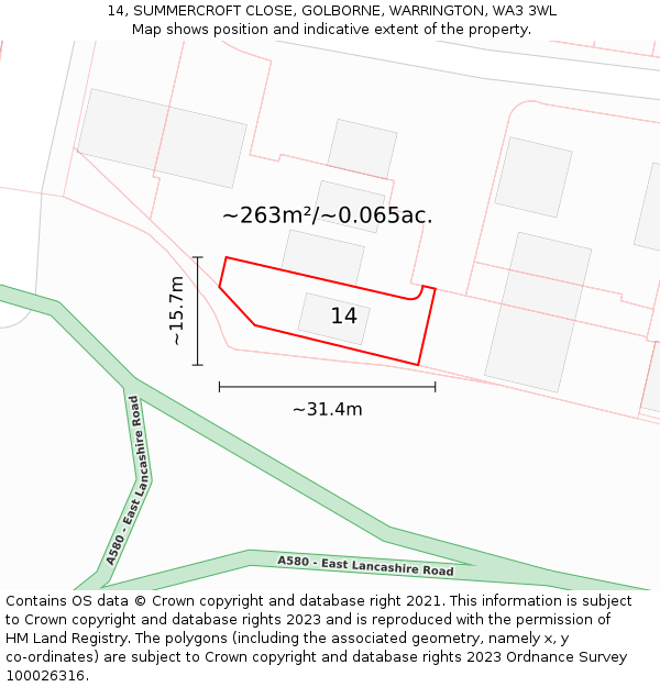 14, SUMMERCROFT CLOSE, GOLBORNE, WARRINGTON, WA3 3WL: Plot and title map