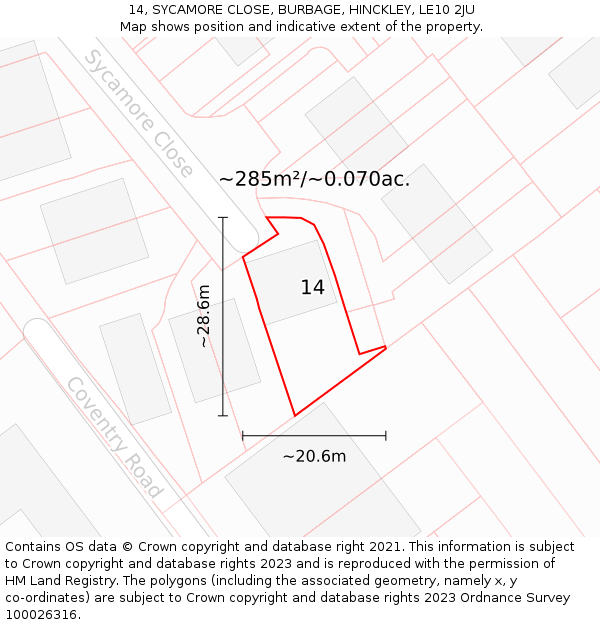 14, SYCAMORE CLOSE, BURBAGE, HINCKLEY, LE10 2JU: Plot and title map