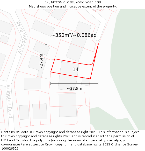 14, TATTON CLOSE, YORK, YO30 5GB: Plot and title map