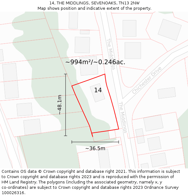 14, THE MIDDLINGS, SEVENOAKS, TN13 2NW: Plot and title map