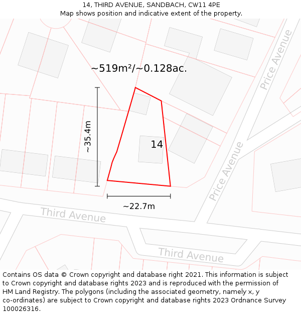 14, THIRD AVENUE, SANDBACH, CW11 4PE: Plot and title map