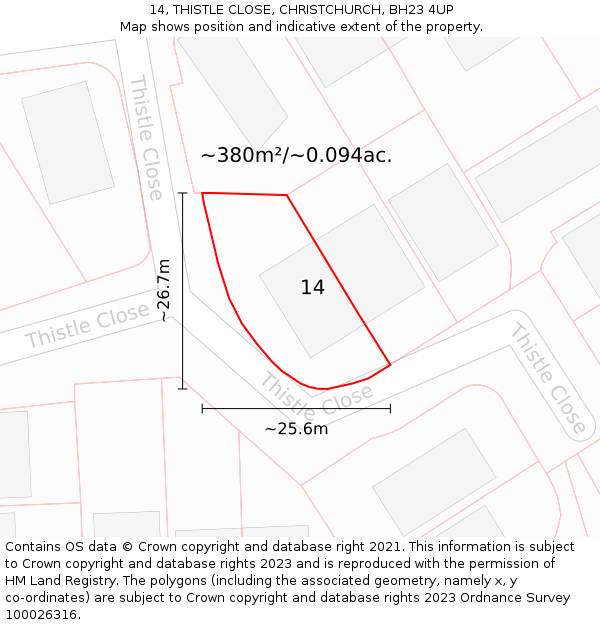 14, THISTLE CLOSE, CHRISTCHURCH, BH23 4UP: Plot and title map