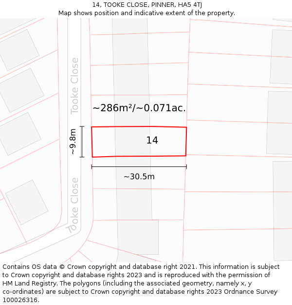 14, TOOKE CLOSE, PINNER, HA5 4TJ: Plot and title map