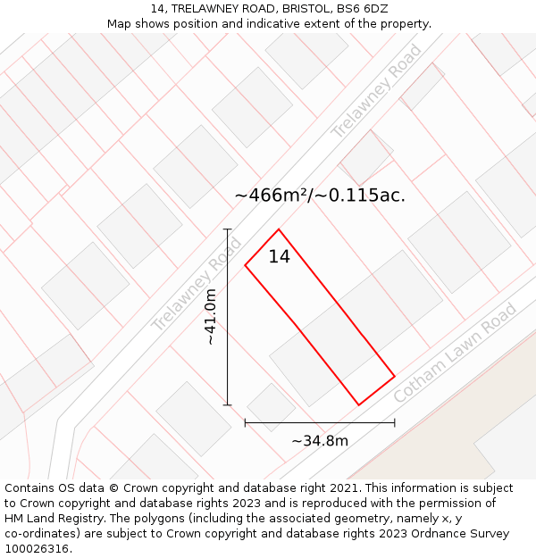 14, TRELAWNEY ROAD, BRISTOL, BS6 6DZ: Plot and title map