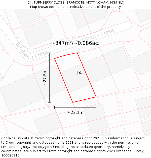 14, TURNBERRY CLOSE, BRAMCOTE, NOTTINGHAM, NG9 3LX: Plot and title map