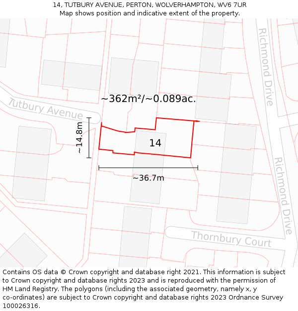 14, TUTBURY AVENUE, PERTON, WOLVERHAMPTON, WV6 7UR: Plot and title map