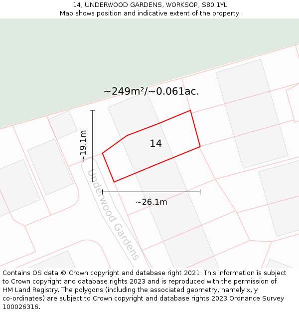 14, UNDERWOOD GARDENS, WORKSOP, S80 1YL: Plot and title map