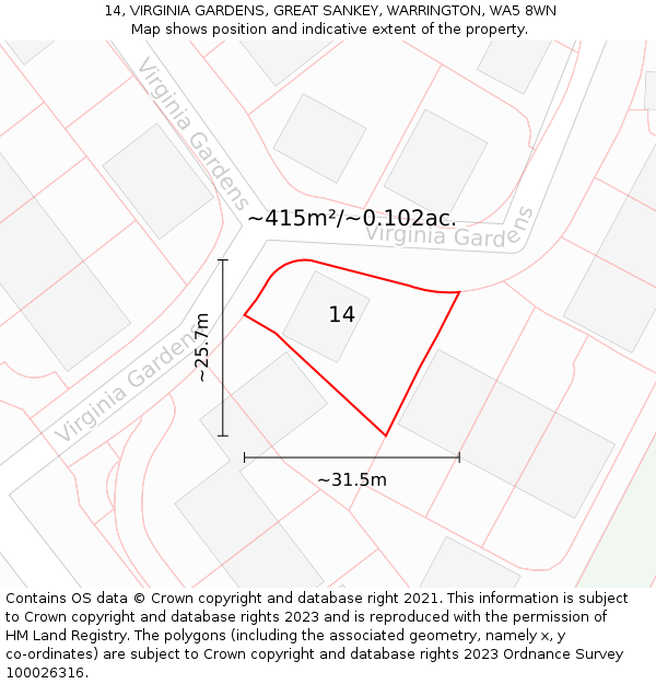 14, VIRGINIA GARDENS, GREAT SANKEY, WARRINGTON, WA5 8WN: Plot and title map