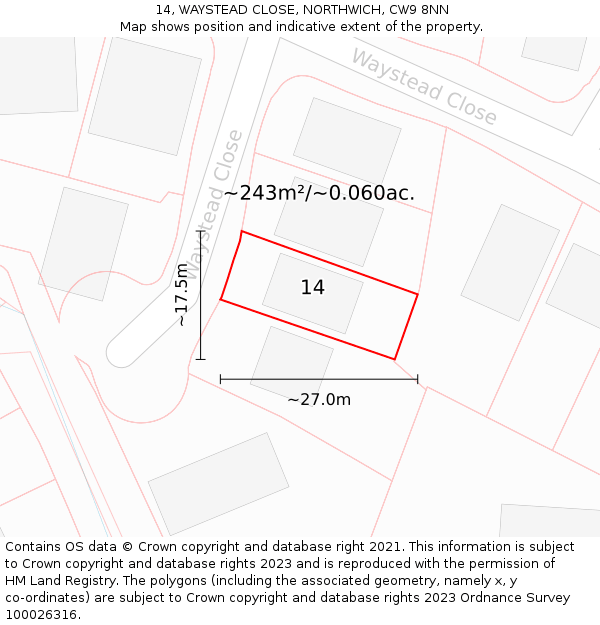 14, WAYSTEAD CLOSE, NORTHWICH, CW9 8NN: Plot and title map