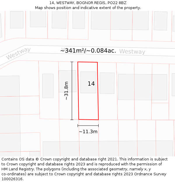 14, WESTWAY, BOGNOR REGIS, PO22 8BZ: Plot and title map