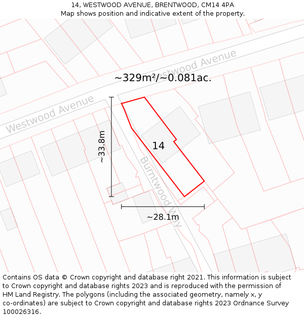 14, WESTWOOD AVENUE, BRENTWOOD, CM14 4PA: Plot and title map