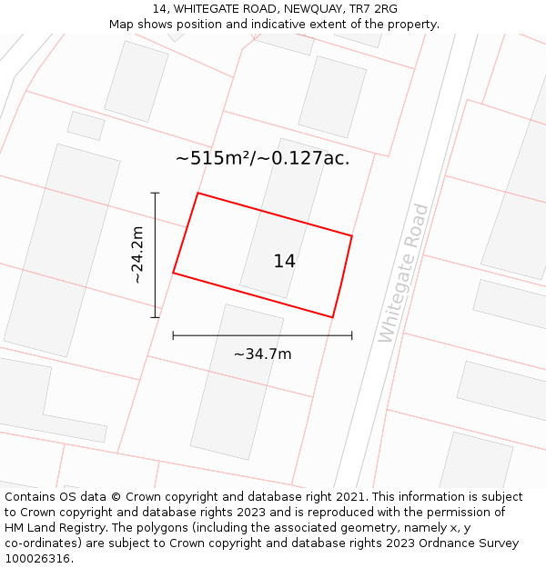 14, WHITEGATE ROAD, NEWQUAY, TR7 2RG: Plot and title map