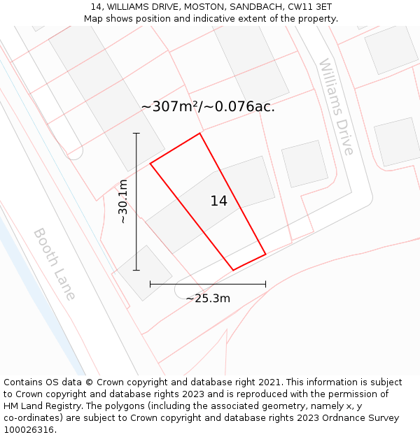 14, WILLIAMS DRIVE, MOSTON, SANDBACH, CW11 3ET: Plot and title map