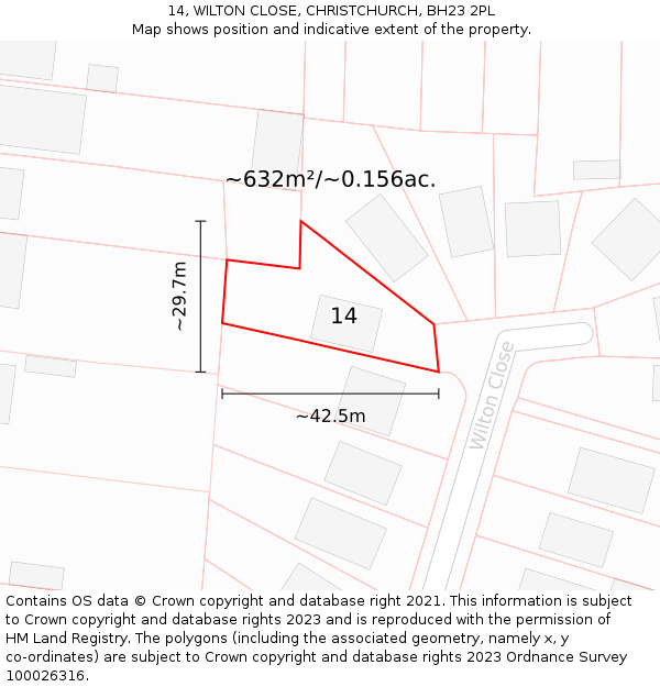 14, WILTON CLOSE, CHRISTCHURCH, BH23 2PL: Plot and title map