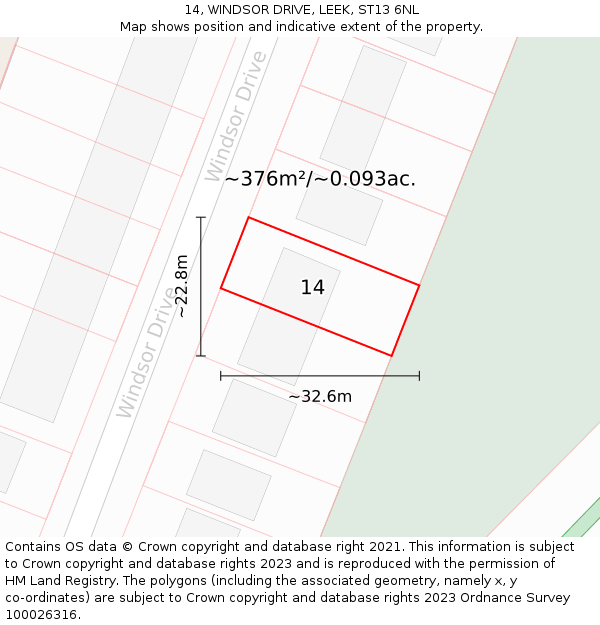 14, WINDSOR DRIVE, LEEK, ST13 6NL: Plot and title map