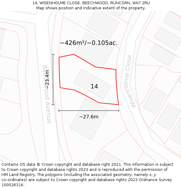 14, WISENHOLME CLOSE, BEECHWOOD, RUNCORN, WA7 2RU: Plot and title map