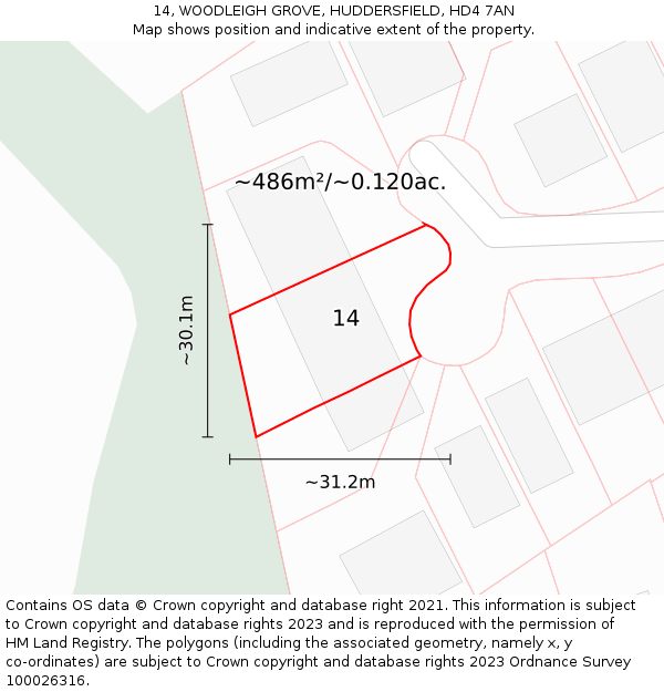 14, WOODLEIGH GROVE, HUDDERSFIELD, HD4 7AN: Plot and title map