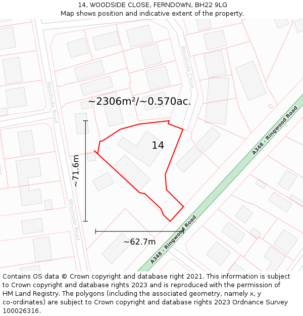 14, WOODSIDE CLOSE, FERNDOWN, BH22 9LG: Plot and title map