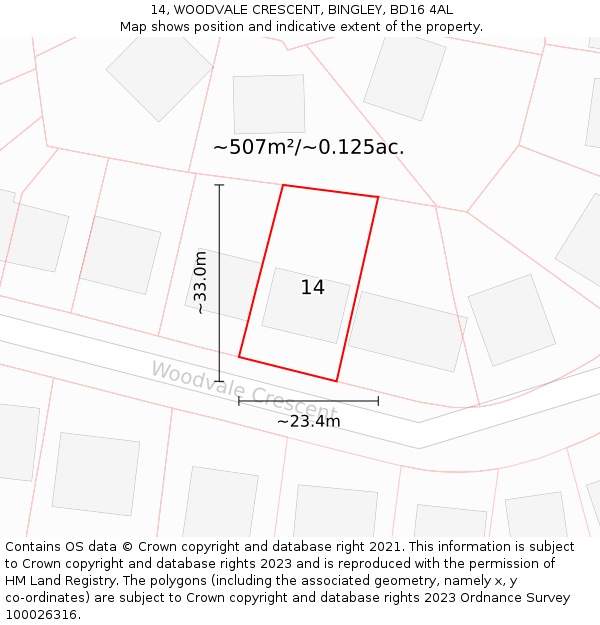 14, WOODVALE CRESCENT, BINGLEY, BD16 4AL: Plot and title map