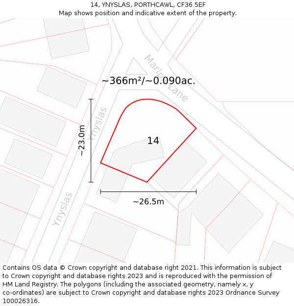 14, YNYSLAS, PORTHCAWL, CF36 5EF: Plot and title map