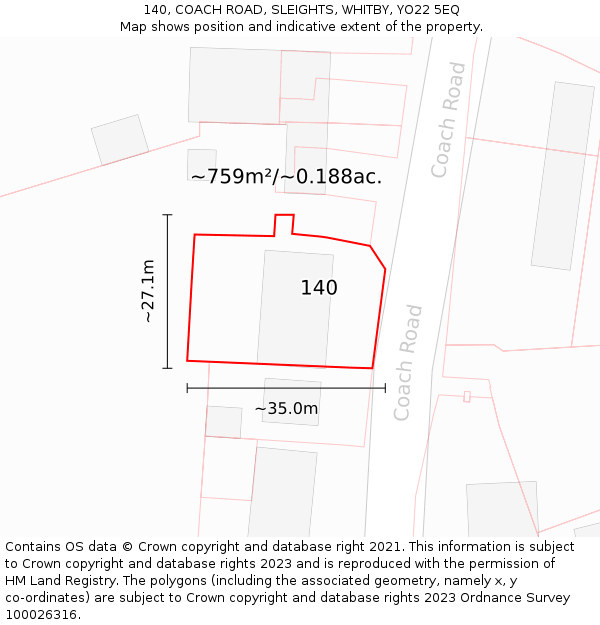 140, COACH ROAD, SLEIGHTS, WHITBY, YO22 5EQ: Plot and title map