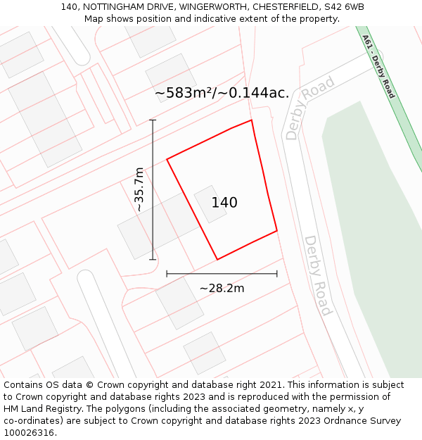 140, NOTTINGHAM DRIVE, WINGERWORTH, CHESTERFIELD, S42 6WB: Plot and title map