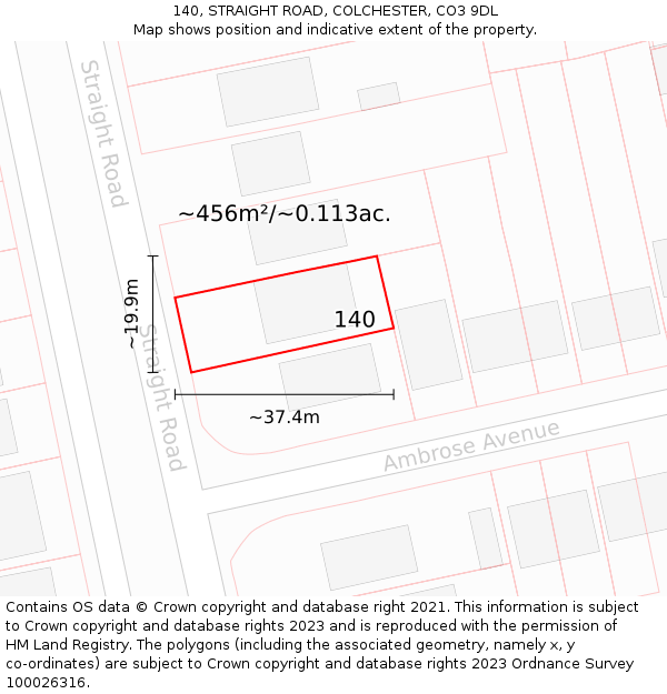 140, STRAIGHT ROAD, COLCHESTER, CO3 9DL: Plot and title map