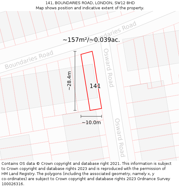 141, BOUNDARIES ROAD, LONDON, SW12 8HD: Plot and title map