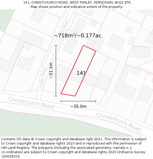 141, CHRISTCHURCH ROAD, WEST PARLEY, FERNDOWN, BH22 8TA: Plot and title map