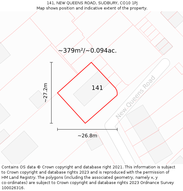 141, NEW QUEENS ROAD, SUDBURY, CO10 1PJ: Plot and title map