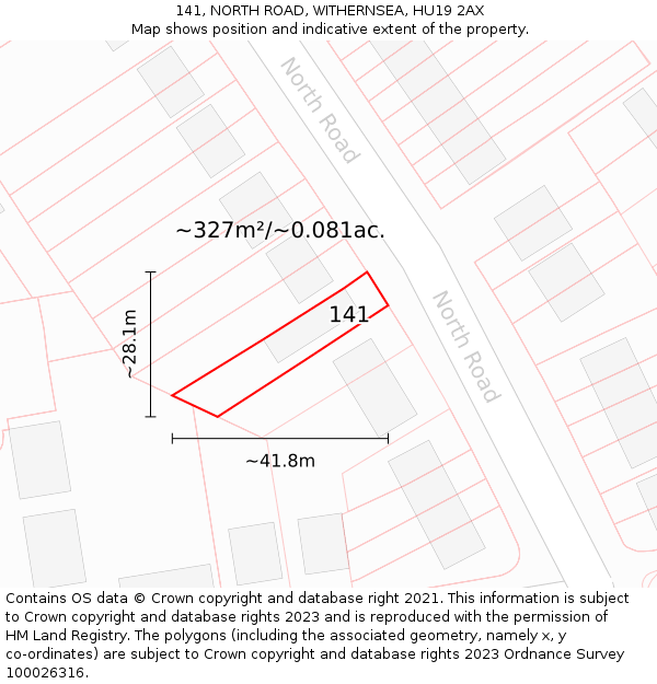 141, NORTH ROAD, WITHERNSEA, HU19 2AX: Plot and title map