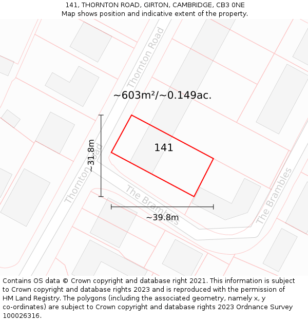 141, THORNTON ROAD, GIRTON, CAMBRIDGE, CB3 0NE: Plot and title map