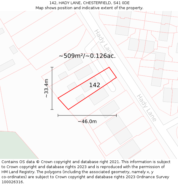 142, HADY LANE, CHESTERFIELD, S41 0DE: Plot and title map