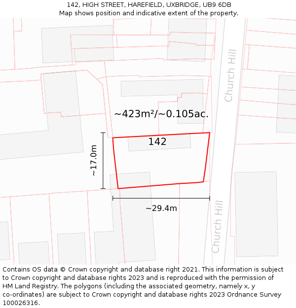 142, HIGH STREET, HAREFIELD, UXBRIDGE, UB9 6DB: Plot and title map