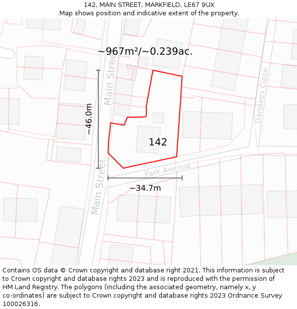 142, MAIN STREET, MARKFIELD, LE67 9UX: Plot and title map