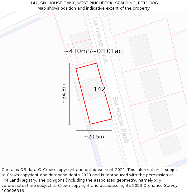 142, SIX HOUSE BANK, WEST PINCHBECK, SPALDING, PE11 3QG: Plot and title map