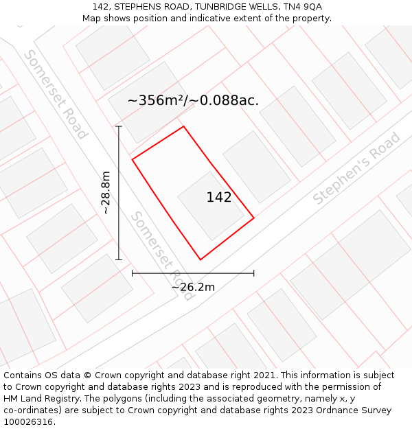 142, STEPHENS ROAD, TUNBRIDGE WELLS, TN4 9QA: Plot and title map