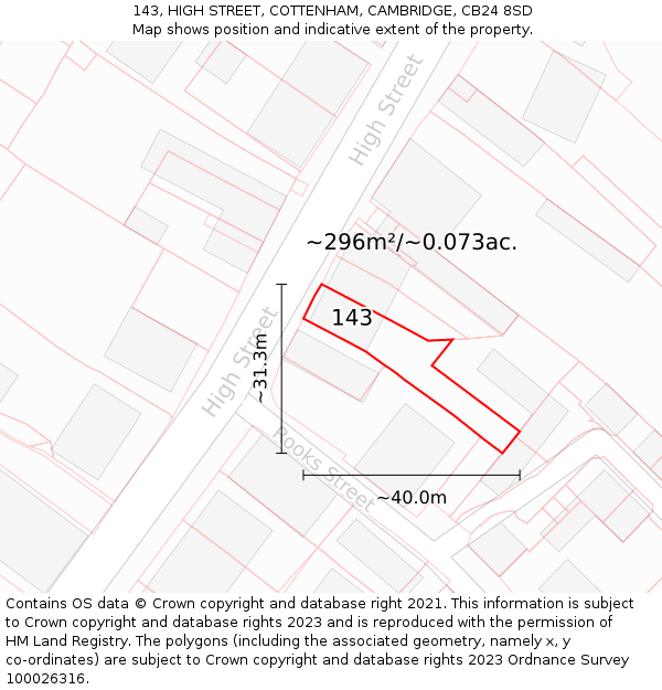 143, HIGH STREET, COTTENHAM, CAMBRIDGE, CB24 8SD: Plot and title map