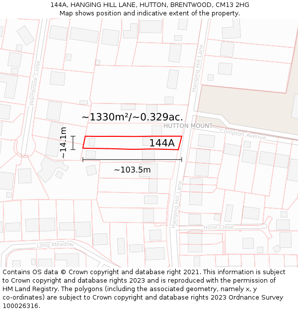 144A, HANGING HILL LANE, HUTTON, BRENTWOOD, CM13 2HG: Plot and title map