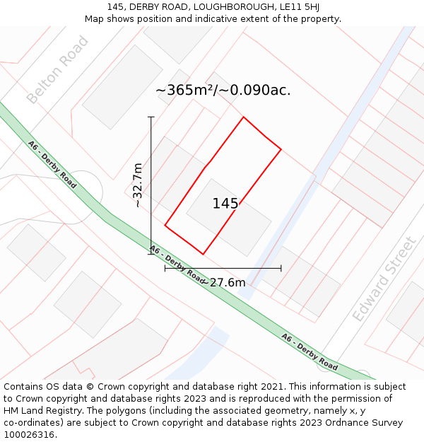 145, DERBY ROAD, LOUGHBOROUGH, LE11 5HJ: Plot and title map