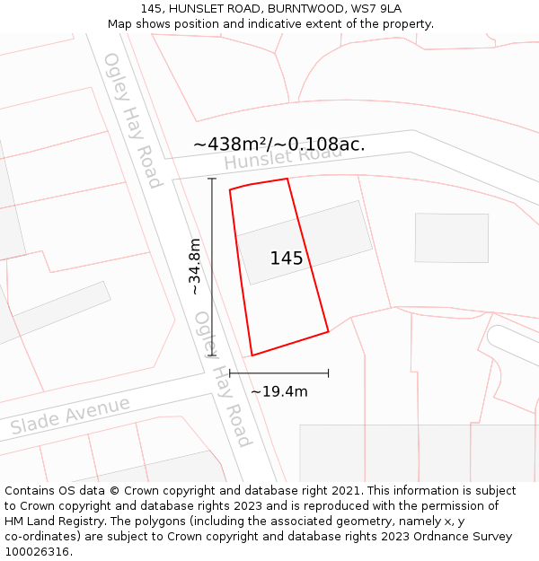 145, HUNSLET ROAD, BURNTWOOD, WS7 9LA: Plot and title map