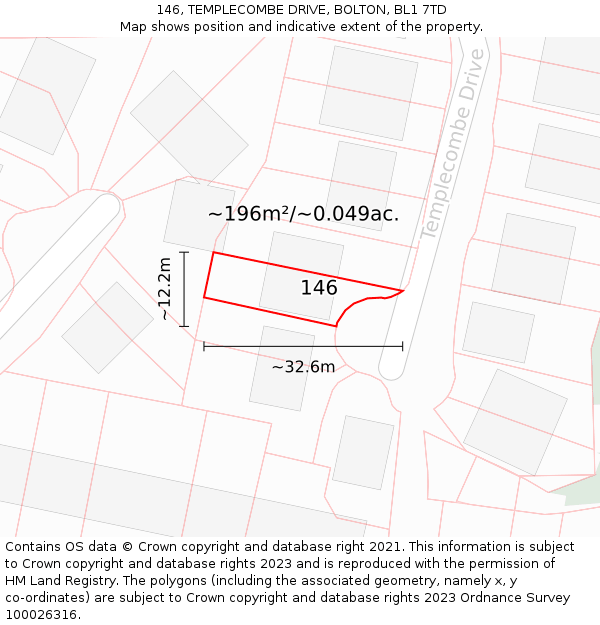 146, TEMPLECOMBE DRIVE, BOLTON, BL1 7TD: Plot and title map