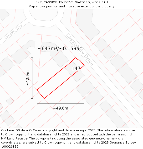 147, CASSIOBURY DRIVE, WATFORD, WD17 3AH: Plot and title map