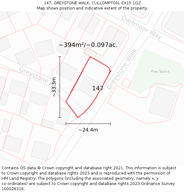 147, GREYSTONE WALK, CULLOMPTON, EX15 1GZ: Plot and title map