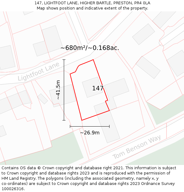 147, LIGHTFOOT LANE, HIGHER BARTLE, PRESTON, PR4 0LA: Plot and title map