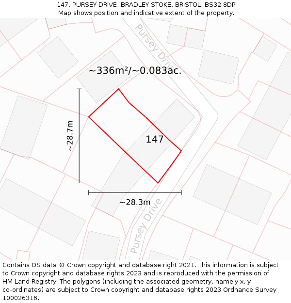 147, PURSEY DRIVE, BRADLEY STOKE, BRISTOL, BS32 8DP: Plot and title map