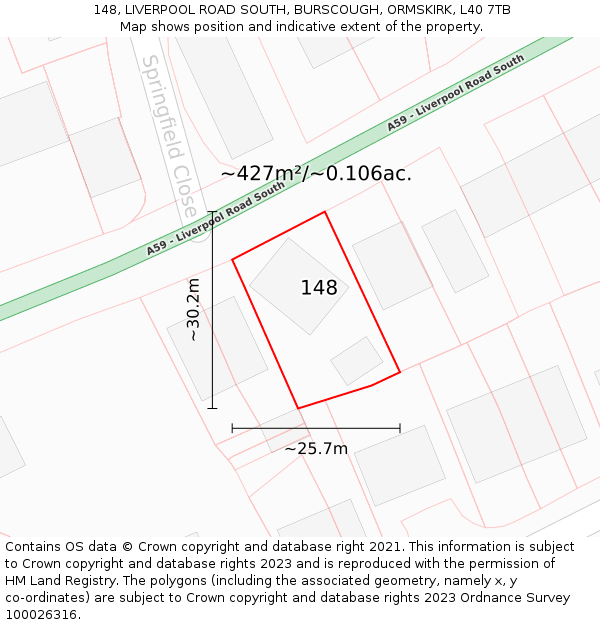 148, LIVERPOOL ROAD SOUTH, BURSCOUGH, ORMSKIRK, L40 7TB: Plot and title map