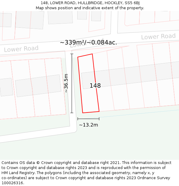 148, LOWER ROAD, HULLBRIDGE, HOCKLEY, SS5 6BJ: Plot and title map